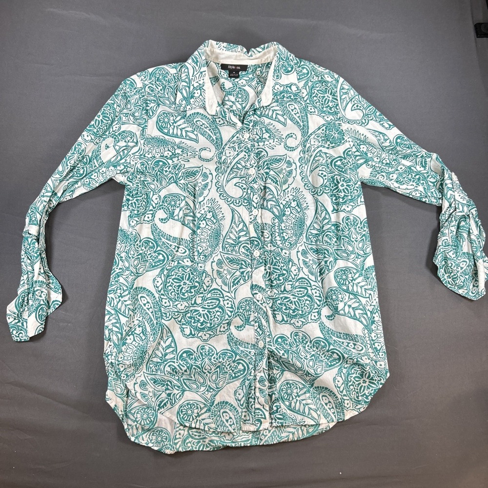 Style & Co Green White Paisley Print Cotton Button Down Shirt Womens Size 16